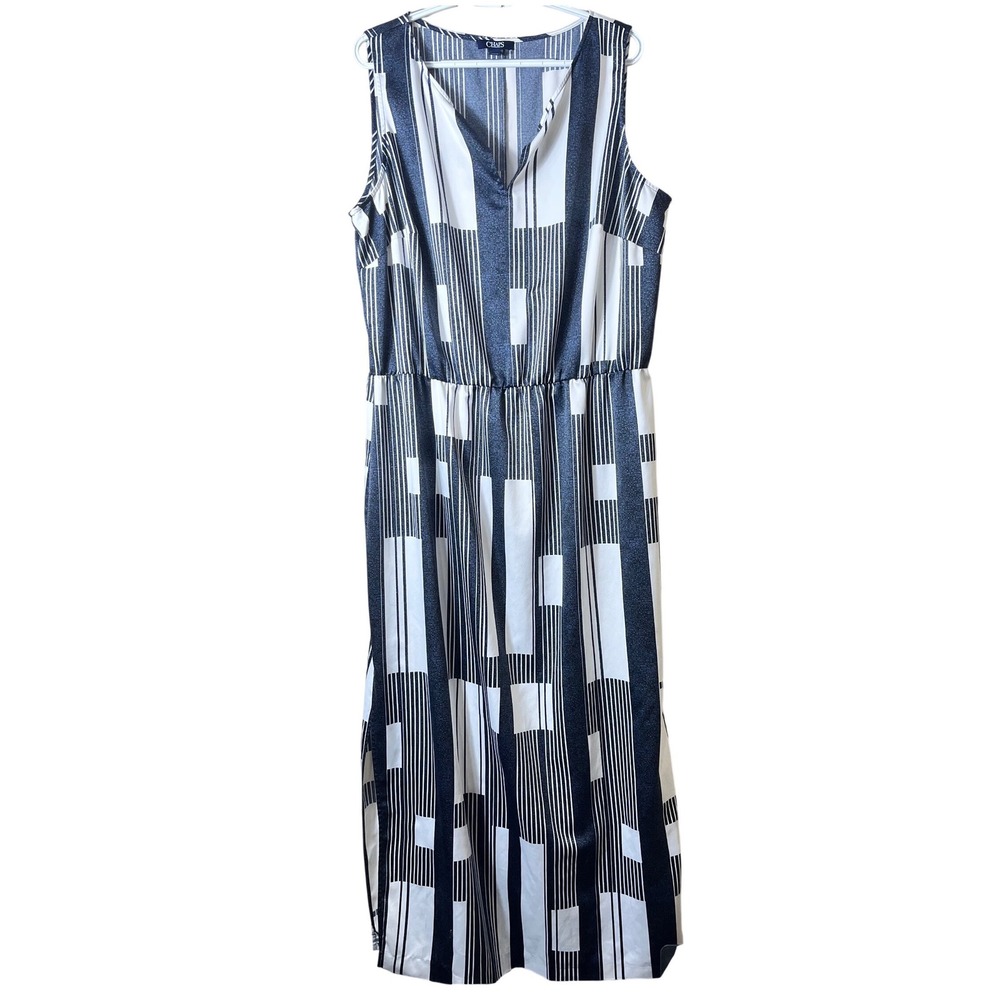 CHAPS Geometric Blouson‎ Light Maxi Dress Sleeveless Side Slits Navy White 18W